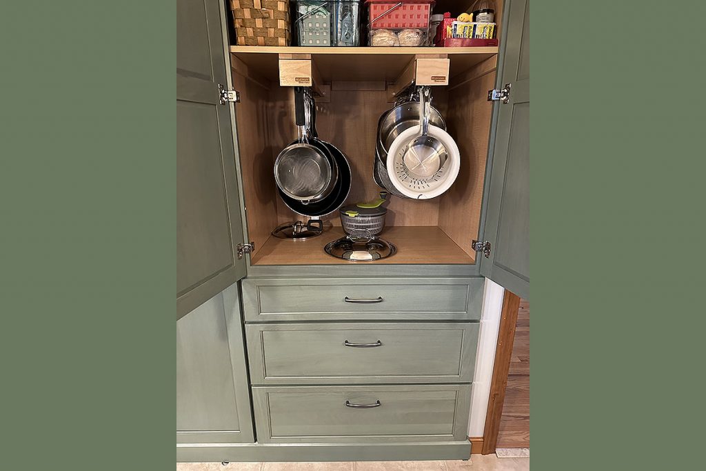 Pots and Pans storage inside recessed pantry