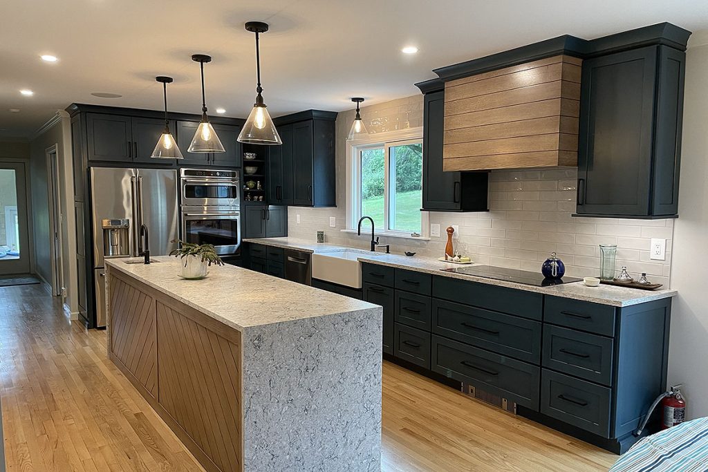 Shelburne Oak & Blue Kitchen Island & Hood
